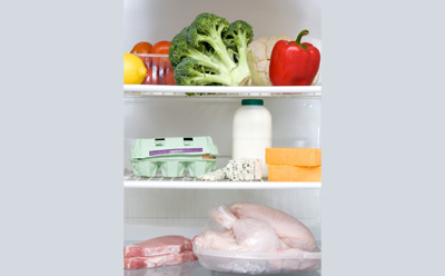 Fridge showing food and beverages (meat, poultry, dairy, eggs, fruit and vegetables) that require microbiological testing for food safety and quality Fridge showing food and beverages (meat, poultry, dairy, eggs, fruit and vegetables) that require microbiological testing for food safety and quality