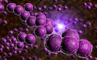 Antibiotics The image features a cluster of purple spherical structures against a dark backdrop, illuminated from the center, creating a three-dimensional effect.