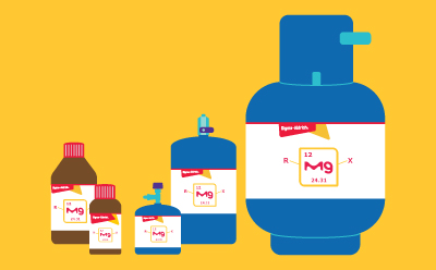 Chemical containers labeled "Mg" Illustration of different sizes of magnesium chemical containers on a yellow background, labeled with "Mg".