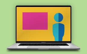 Generic Webinar Image A digital illustration of a laptop displaying a simplistic human figure next to a pink rectangle, all set against a yellow background.