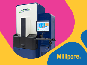 A blue and white Millipore analytical instrument sits on a gray base, set against a bright abstract background with pink, yellow, and blue shapes and the Millipore logo.
