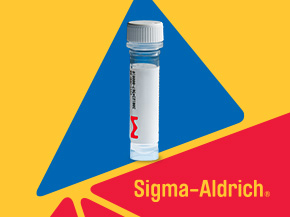 Stylized illustration of a laboratory vial labeled with the Sigma-Aldrich logo against blue and red geometric shapes on a yellow background.