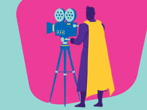 An illustration of a superhero wearing a yellow cape standing beside a vintage movie camera on a tripod, against a pink and green abstract background.