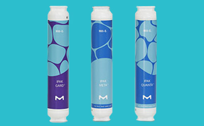 Milli-Q® Consumables Milli-Q® products Gard, Meta and Quant on background in vibrant cyan.