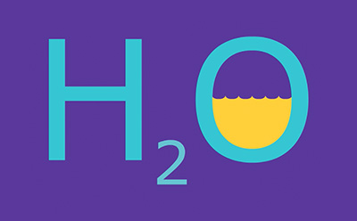 Lab Water Solutions for all of your needs H2O sign in vibrant cyan on purple background, letter 'O' is half filled with yellow liquid.