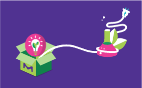4 Categories of Greener Alternatives A graphic of an open package with a shining lightbulb coming out of it, filled with two leaves. An electrical plug is also coming out of the package to the side, and wraps around an Erlenmeyer flask with two leaves.