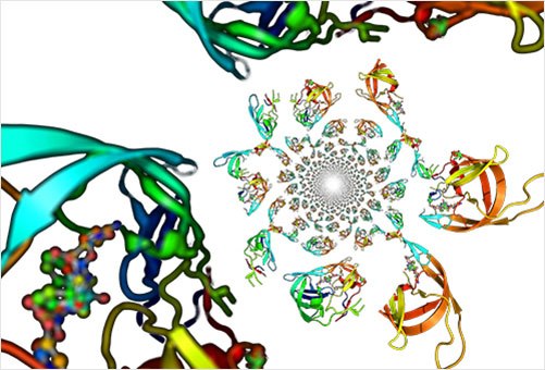 Analyse des protéines par spectrométrie de masse Représentation colorée d'une structure moléculaire complexe, comprenant de multiples formes entrelacées, chacune de couleurs distinctes comme du vert, du bleu, du rouge et du jaune.