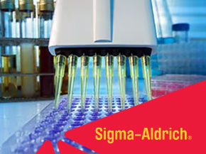 Laboratory scene with multiple pipettes dispensing liquid into a microplate, Sigma-Aldrich logo in the lower-right corner.
