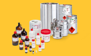 PMLP A collection of various chemical containers and reagents displayed against a bright yellow background. The image features several glass and plastic bottles, along with metal canisters and drums, all labeled with hazard symbols.