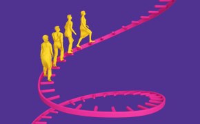 Faire progresser ensemble la production des vaccins et des agents thérapeutiques à base d'ARNm Illustration représentant des scientifiques qui marchent sur un brin d'ADN.