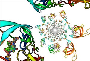 タンパク質質量分析 複雑な分子構造をカラフルに表現した画像。緑、青、赤、黄などで明確に区別された複数の絡み合った形状が特徴である。