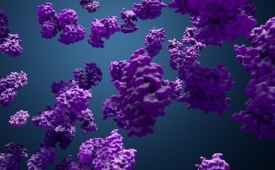 Protein Enzyme A 3D rendering of numerous purple, irregularly shaped protein structures floating in a dark blue background, creating a dynamic and abstract representation of molecular biology.