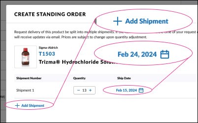 Create a standing order add shipment 数量を調整し、出荷を追加するための継続注文作成プロセス。