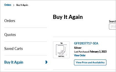 Order Center Menu ユーザーアカウント上の再注文の製品リストにアクセスするために使用される注文センターのメニュー。