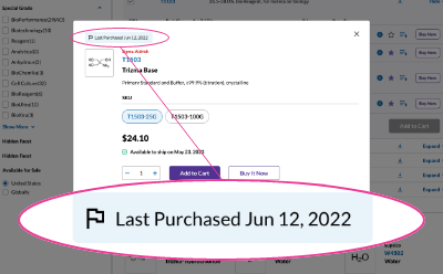 Previous Purchase Product Quick View 購入履歴を示すバナーが表示された製品クイックビューのスクリーンショット