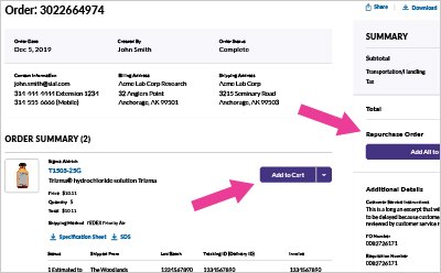 Repurchase Button Location 注文詳細ページの「カートに追加」ボタンの位置