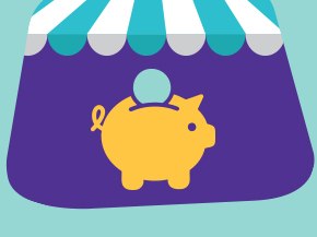 An illustration of a yellow piggy bank with a coin on top, set beneath a striped awning in a vibrant, colorful design