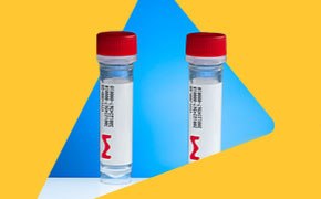 Oligos and qPCR Probes Two clear sample vials with red caps and Sigma‑Aldrich labels on a bold yellow‑and‑blue geometric background with the Sigma‑Aldrich wordmark.